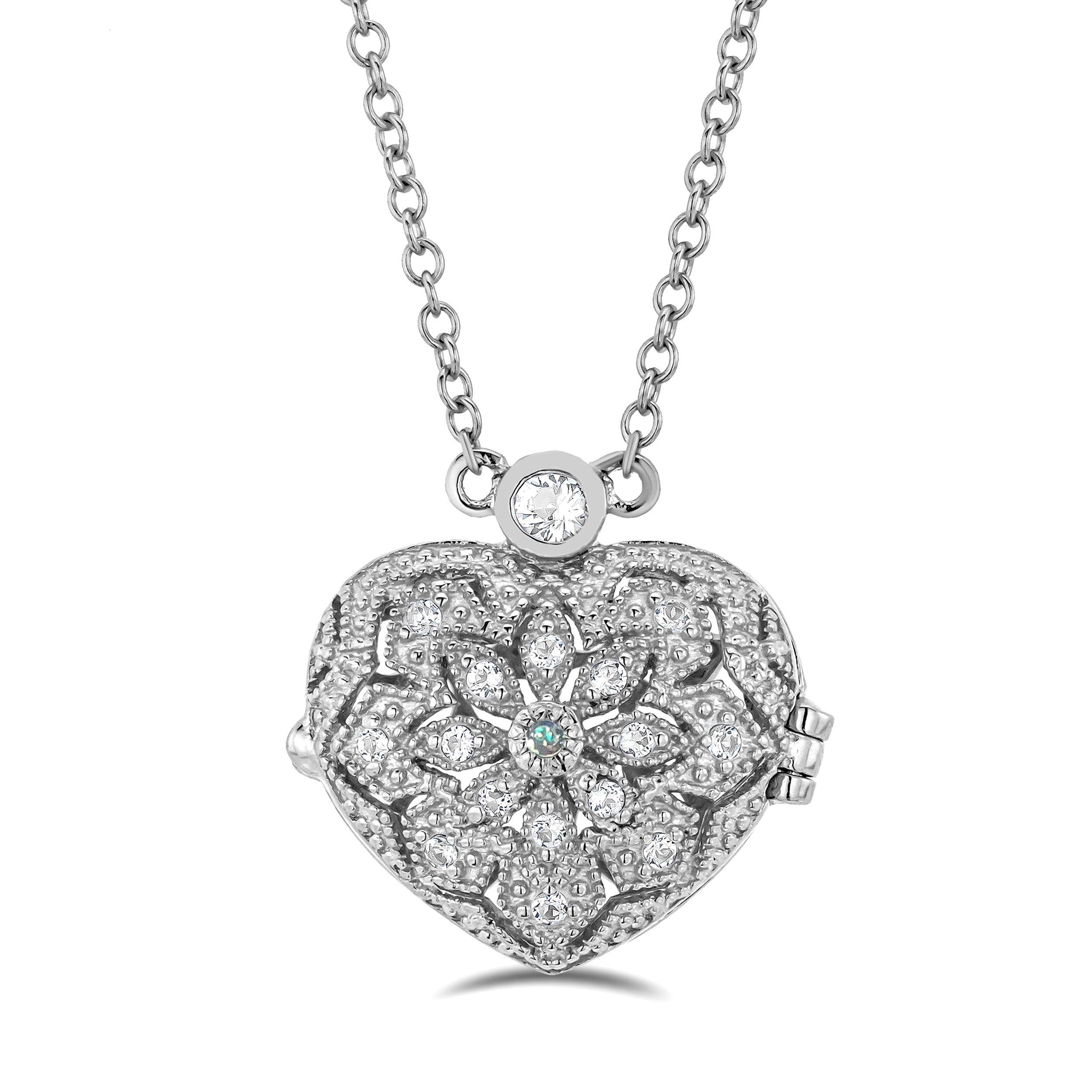 Opal October Birthstone Vintage Locket Necklace White Topaz in Silver